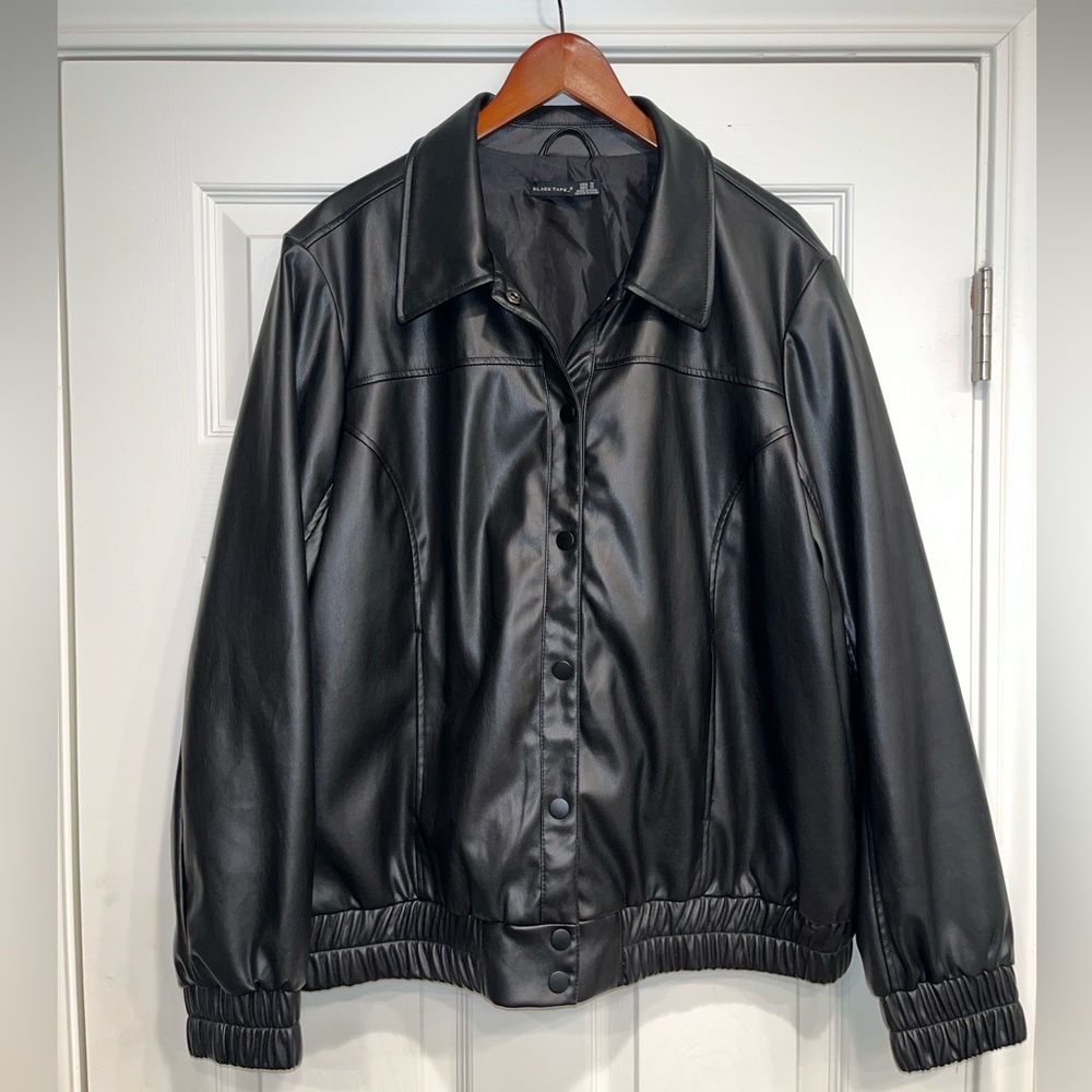 Black Tape_ Faux Leather Bomber Jacket